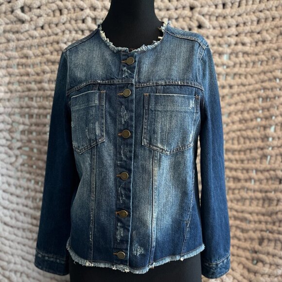 Who What Wear Collarless Distressed Jean Jacket Size Medium - Picture 2 of 12